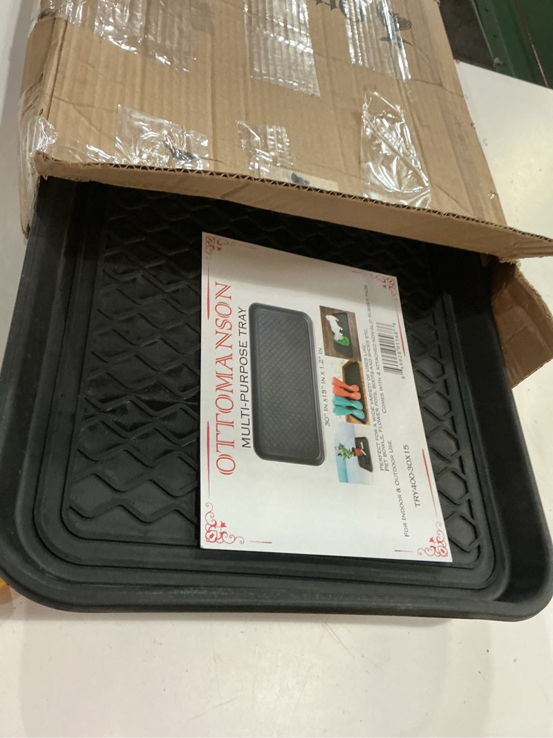 Condition photo showing Good Condition for ottomanson 15" x 30" multi-purpose boot tray – waterproof shoe & pet feeding spill tray, litter box & pee pad holder, painting & planting mat, 1.2" raised edge floor protection a black tray - 15" x 30"