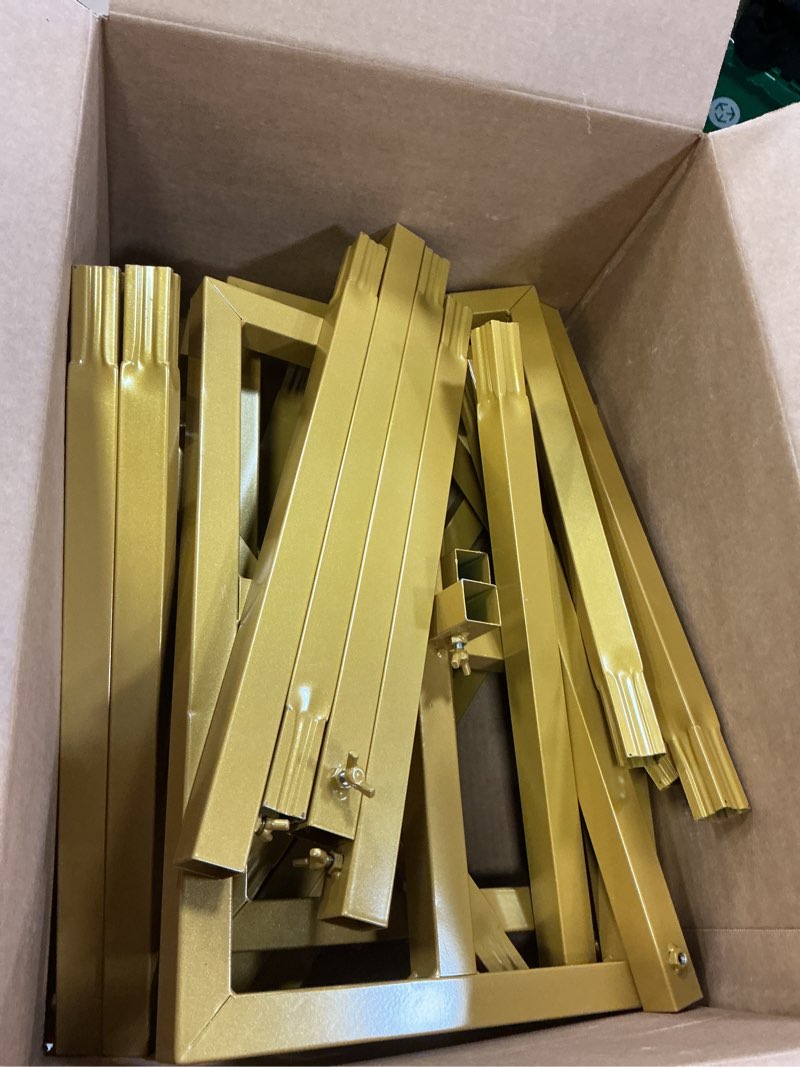 Condition photo showing As Is for Fomcet 10FT x 10FT Backdrop Stand Heavy Duty with Base, Gold Portable Adjustable Pipe and Drape Kit, Square Metal Arch Party Frame for Wedding Birthday Parties Banquet Decorations 10 x 10 FT(HxW) Gold