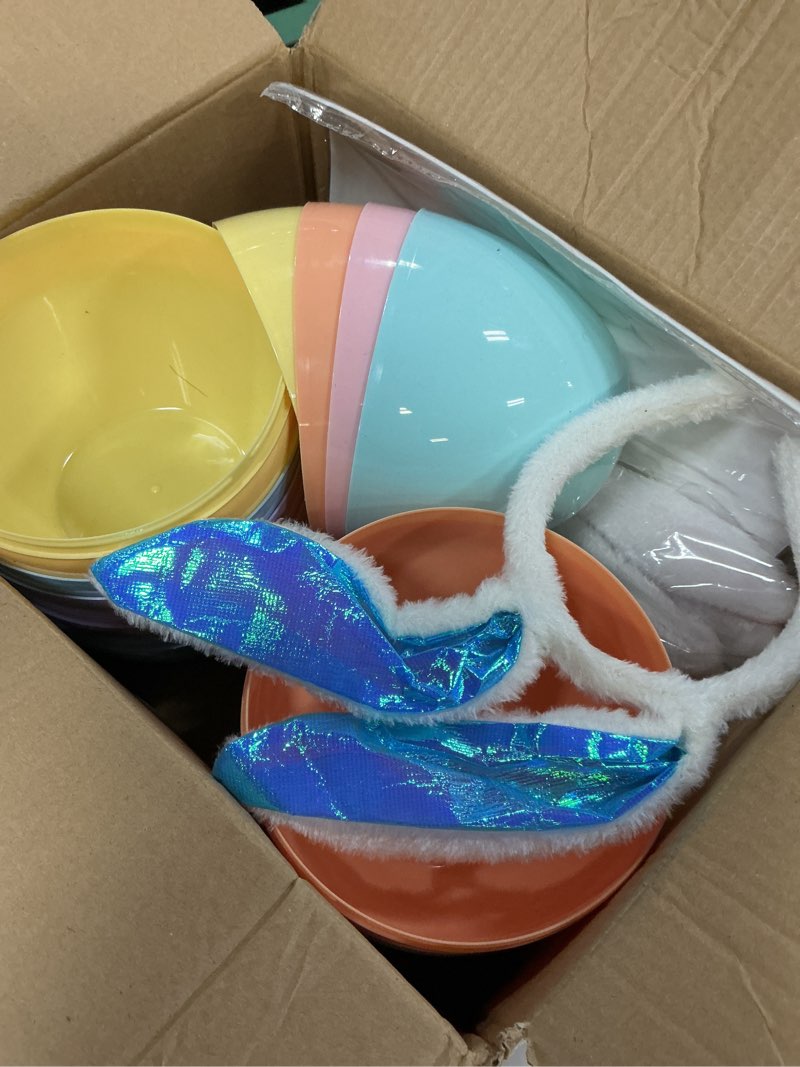 Condition photo showing Good Condition for fovths 6 pack giant easter egg 8 inch plastic fillable jumbo eggs with bunny ear handles large easter egg containers colorful egg shaped buckets for easter eggs hunt diy surprise party decoration