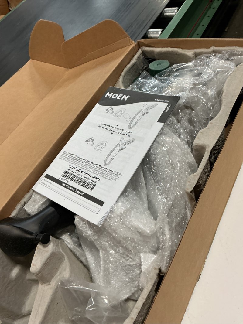 Condition photo showing As Is for moen engage magnetix chrome multi-function handshower and rainfall shower head trim combo with shower handle, tub spout, metal hose, and valve, 82304