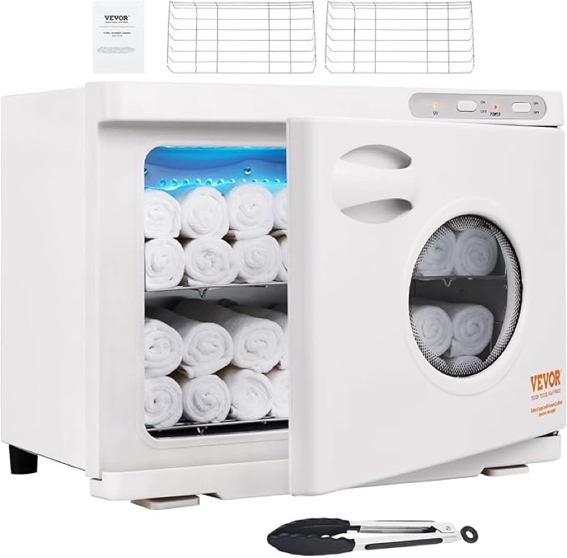 vevor 23l large capacity hot warmers with see through window, two stainless steel racks, holds up 50-60 towels, 2-in-1 quick and all-round heating for facials, spa, massage, salon, white