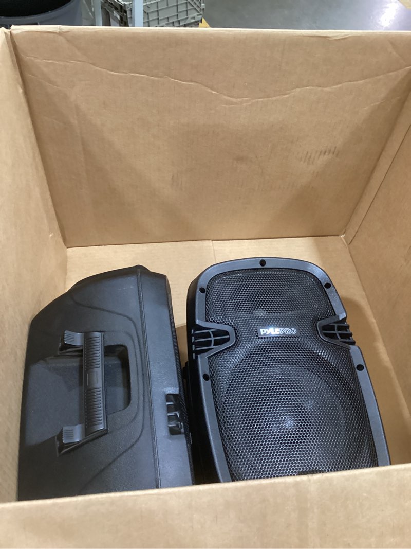 Condition photo showing As Is for pyle 10" wireless portable pa system - 1000w high powered bluetooth compatible active + passive pair outdoor sound speakers w/ usb sd mp3 aux - 35mm mount, 2 stands, microphone, remote - pphp1049kt