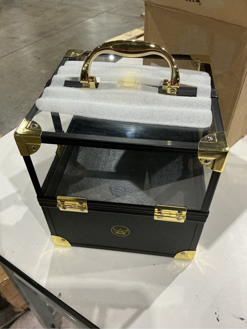 Condition photo showing Good Condition for pageant crown box display, tiara and sash holder, carrying travel case with handle, storage cases for pageants and jewelry (black and gold)