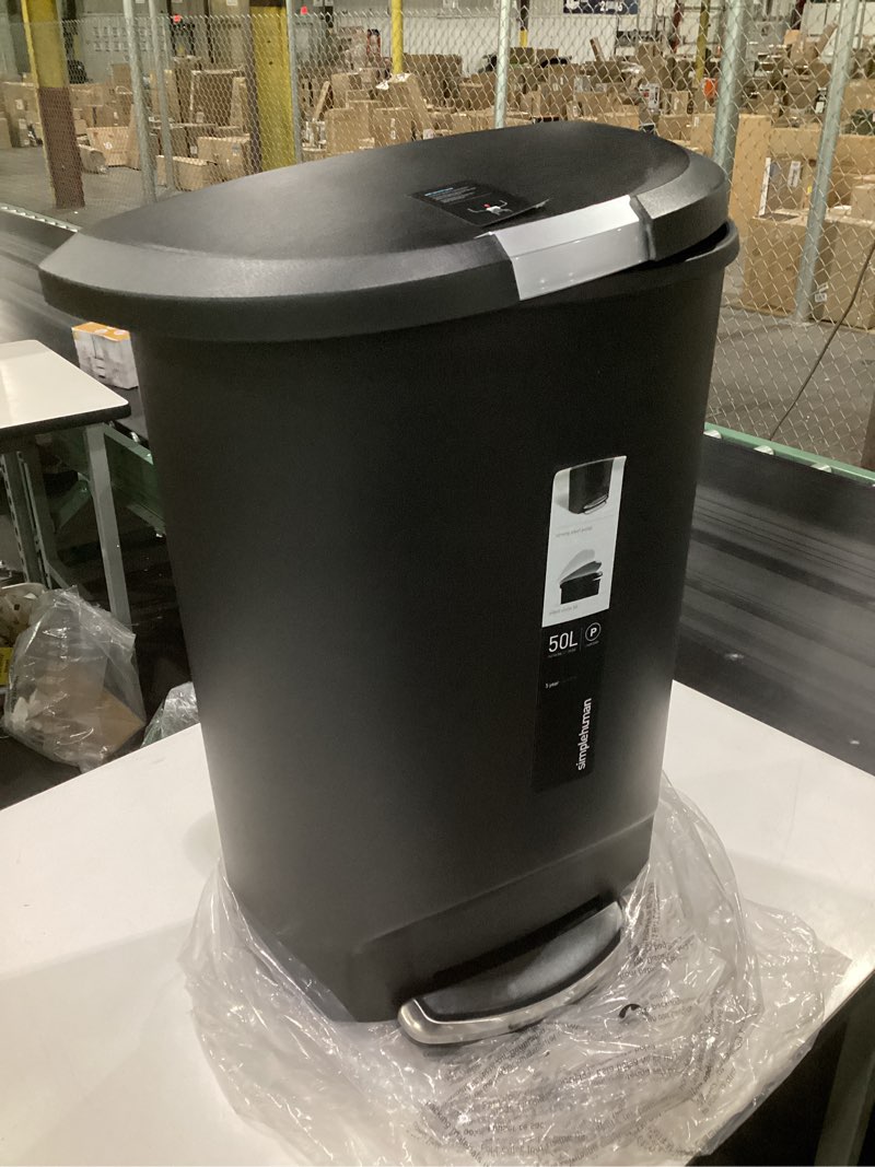 (lid is damaged)simplehuman 50 liter / 13 gallon semi-round kitchen step trash can with secure slide lock, black plastic