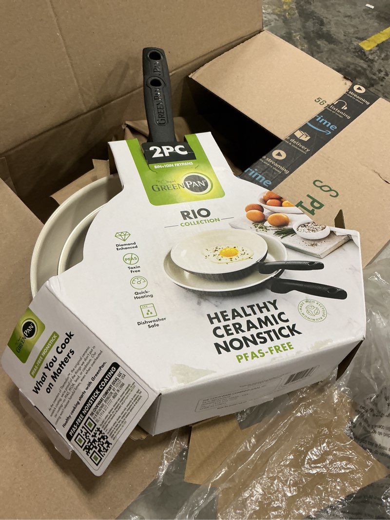 Condition photo showing New/Like New for greenpan rio 8" and 10" frying pan skillet set, pfas-free, healthy ceramic nonstick cookware, stay-cool bakelite handles, dishwasher safe, easy clean, durable performance, black 8" and 10" frying pan set black