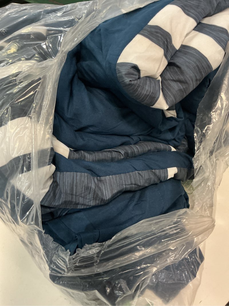 Condition photo showing Good Condition for bedsure full comforter set 7 pieces, blue striped bedding set for all seasons, reversible, cationic dyeing bed in a bag with comforter, sheets, pillowcases & shams 05 - navy full