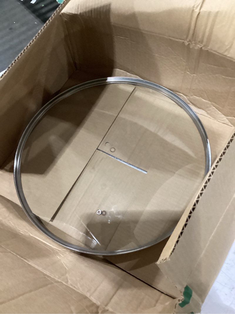 Condition photo showing As Is for missing handle 15.4 inch tempered glass lid replacement cover for 15.4\" cast iron skillets, frying pans and wok, clear