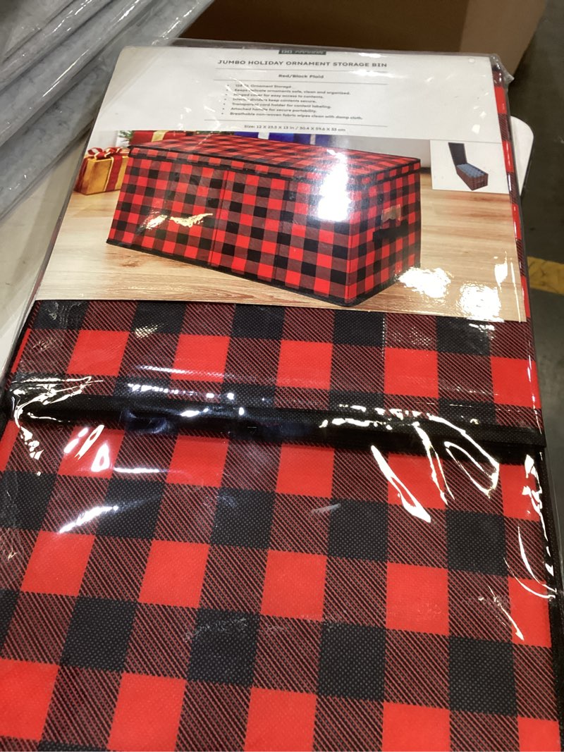 Condition photo showing New/Like New for simplify checkered design storage bin | christmas tote | holiday décor decorations organizer | buffalo plaid design | lidded | stackable | black and red