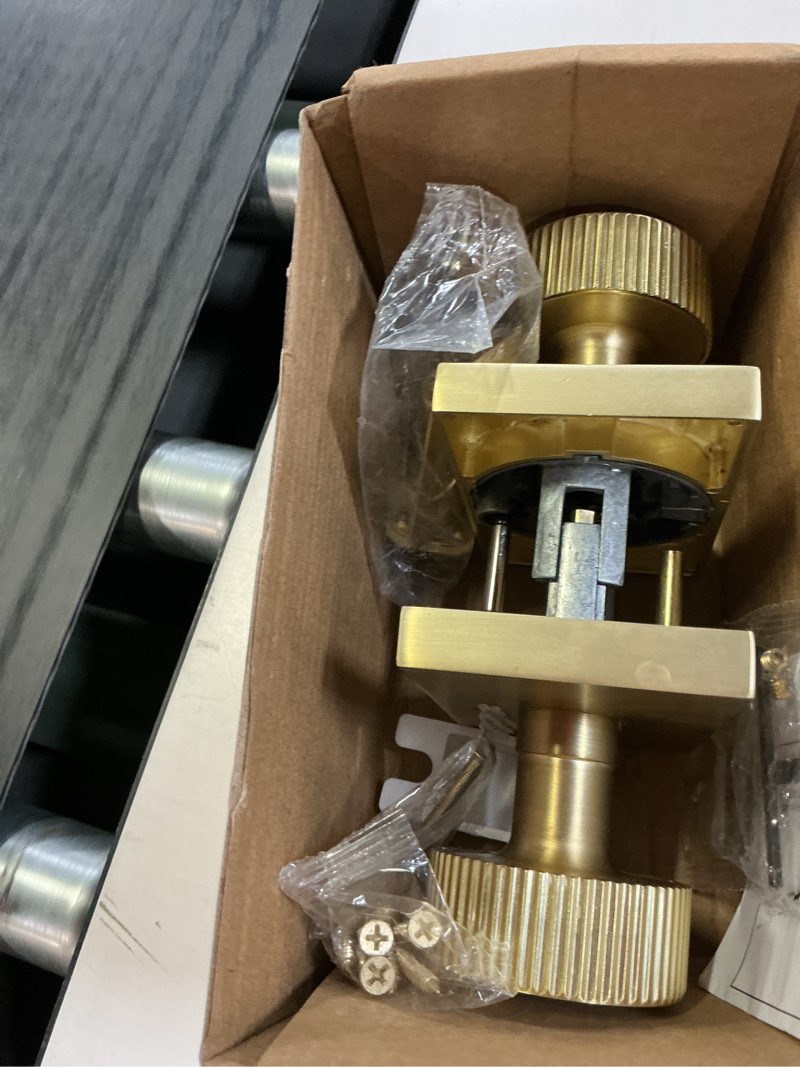 Condition photo showing Good Condition for mega handles ribba privacy door handle - 1 pack interior reversible gold door handle, heavy duty bed & bath door handles with privacy door lock, fits all standard doors - satin brass satin brass 1 pack privacy