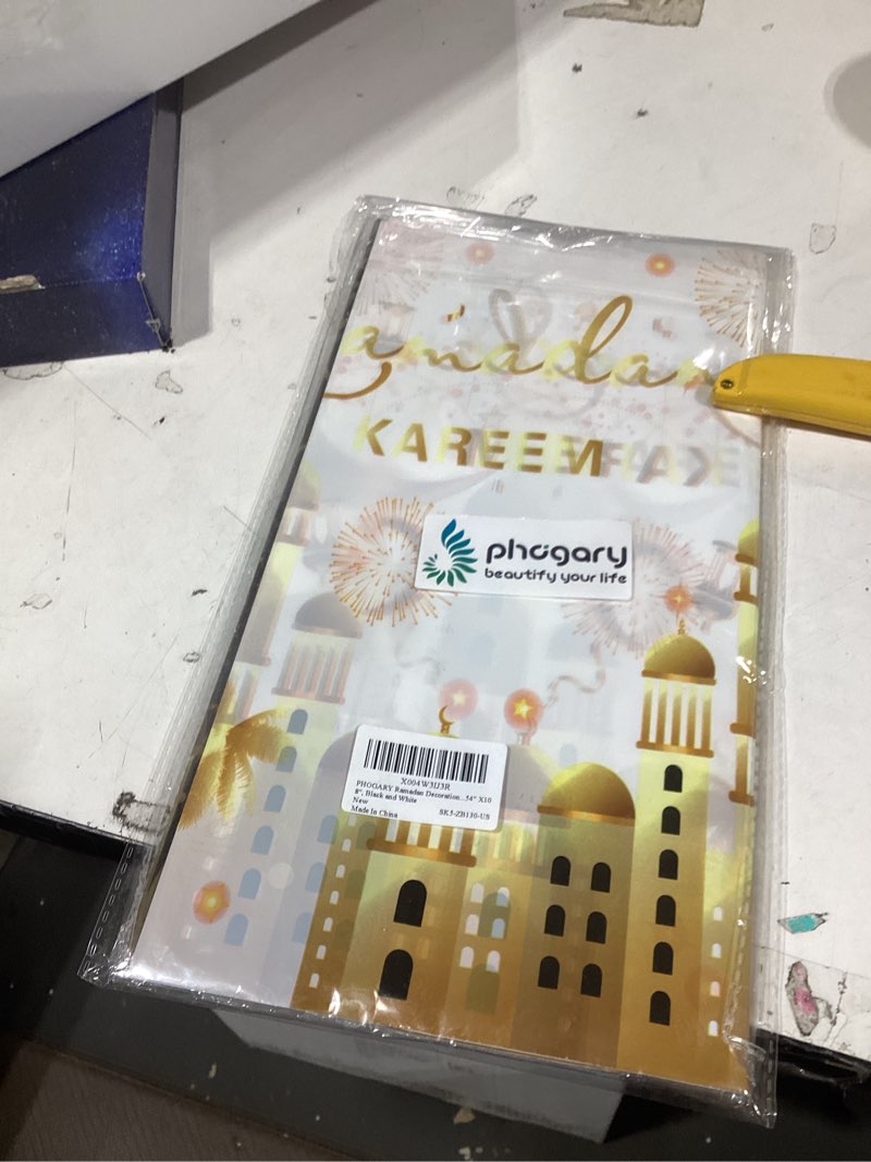 Condition photo showing New/Like New for phogary ramadan decorations 2 pcs ramadan kareem tablecloth, ramadan tablecloths disposable rectangle plastic eid mubarak table covers for eid al-fitr party eid decorations 54" x108", black and white