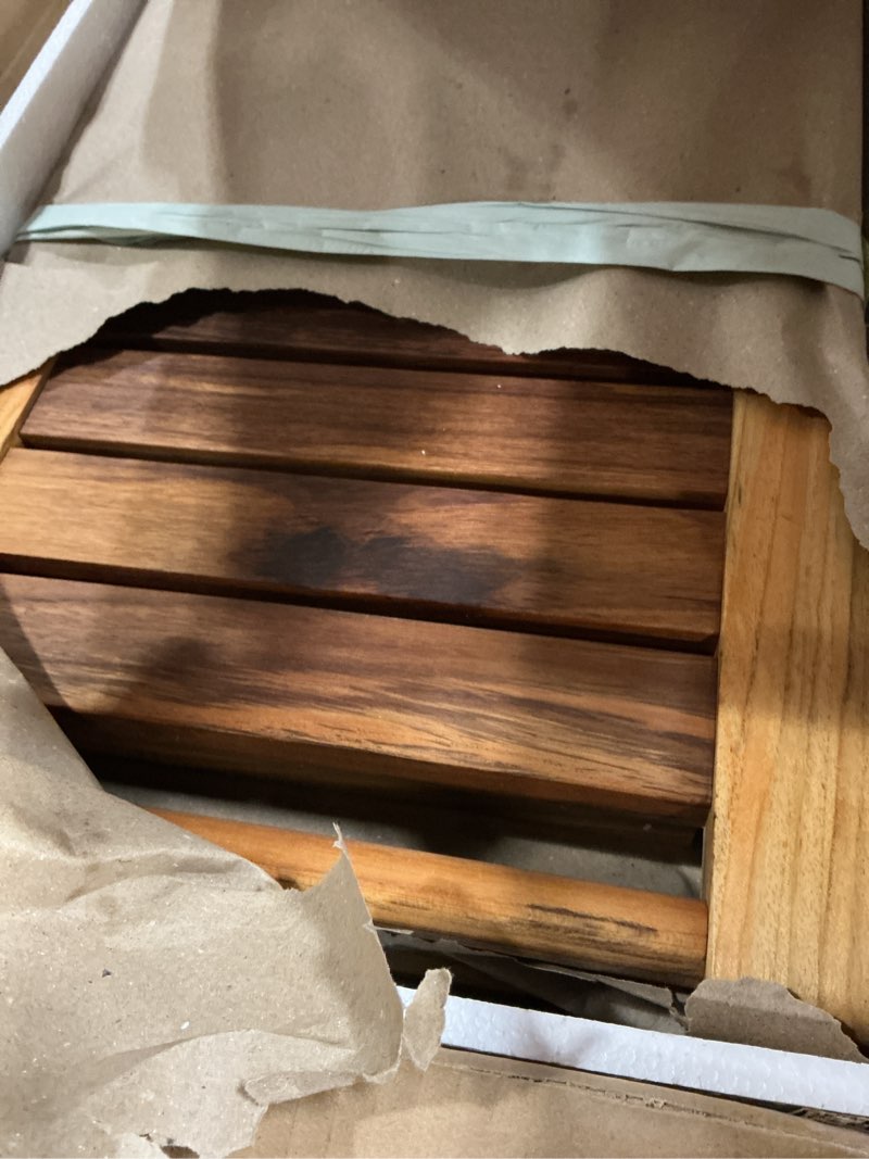 Condition photo showing New/Like New for premium 22" teak wood shower bench with shelf, 2-tier waterproof teak shower stool, non-slip feet for enhanced safety, spa bath seat for bathroom, indoor & outdoor use, 300 lb capacity