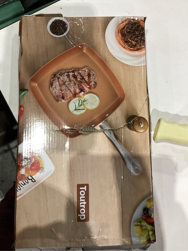 Condition photo showing As Is for Non-Stick Copper Square Frying Pan, 9.5" Chef Skillet with Ceramic Coating, Oven Dishwasher Safe, PFOA-Free, Home Use for All Stoves 9.5 Inch