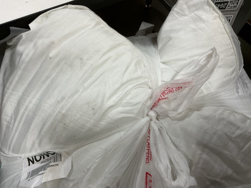 Condition photo showing As Is for Serta Won't Go Flat King Size Set of 2 Down Alternative Bed Pillows, Extra Life Foam Core with Medium Support, Perfect for Back, Stomach or Side Sleepers, White Original King