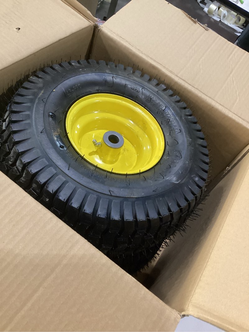 Condition photo showing Good Condition for ar-pro exact replacement 15" x 6.00-6" front tire and wheel assemblies compatible with john deere riding mowers 100 and d100 series - 3" centered hub and 3/4" bushings, 4ply pneumatic (set of 2) 15 x 6.00-6" pneumatic (centered hub) yellow
