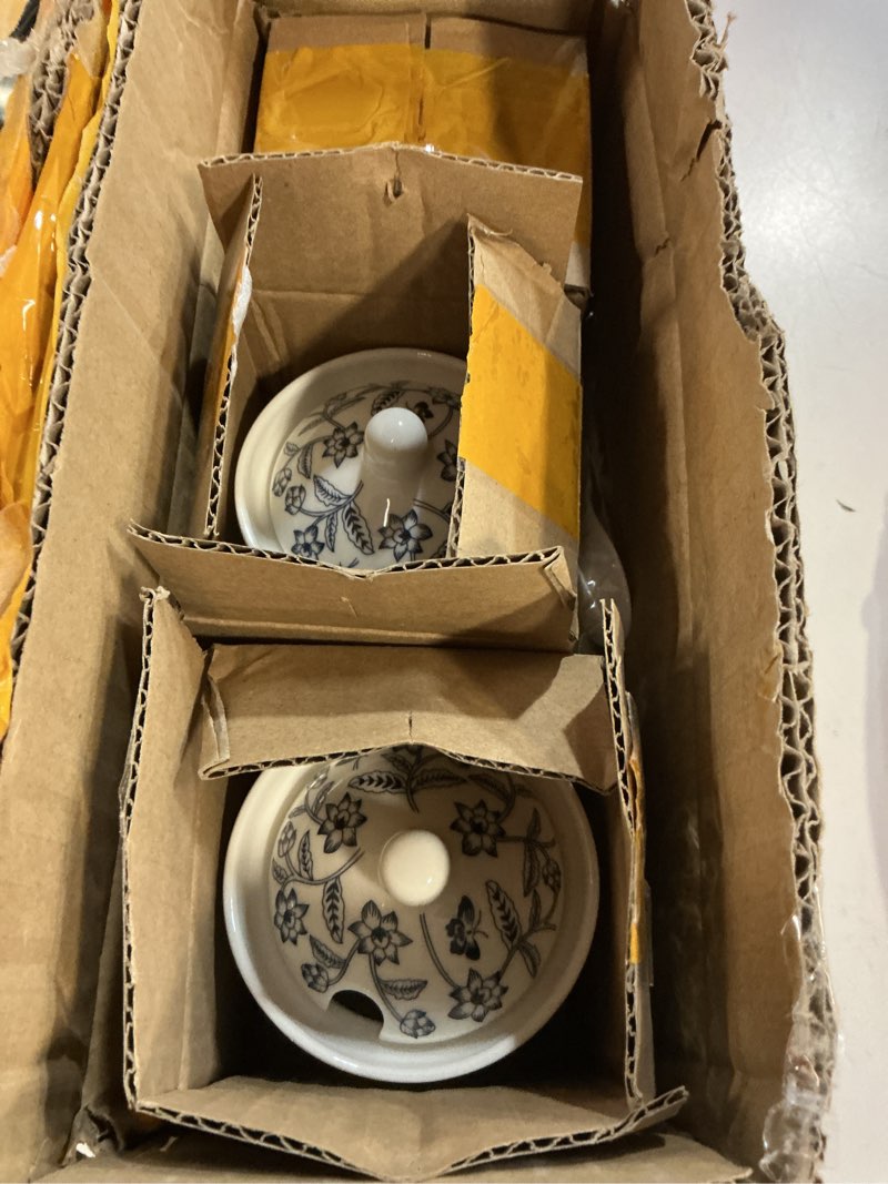 Condition photo showing New/Like New for fanquare blue and white floral ceramic sugar bowl with lid, spoon and tray, coffee sugar canister set of 3, seasoning box salt bowl for kitchen, 9.5 ounces