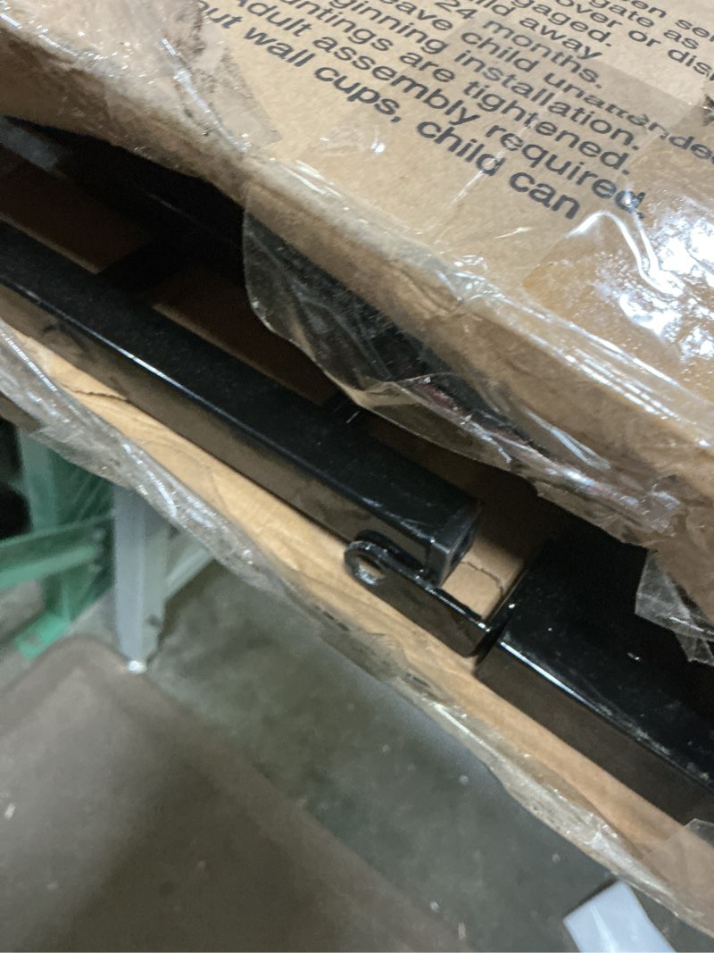 Condition photo showing As Is for regalo safety 29-38.5" baby gate for doorways & bottom of stairs, pressure mounted baby gate with door for babies, toddlers & pets, tested & safe for 30 years, american designed, american owned, black black 29-38.5"w x 30"h