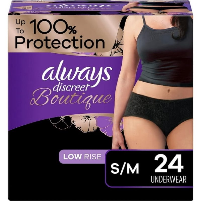 always discreet boutique adult incontinence & postpartum underwear for women, low-rise, size small/medium, black, maximum absorbency, disposable