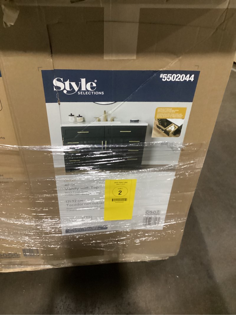 Condition photo showing As Is for 90+ bought last week style selections cauley 48-in black single sink bathroom vanity with white cultured marble 