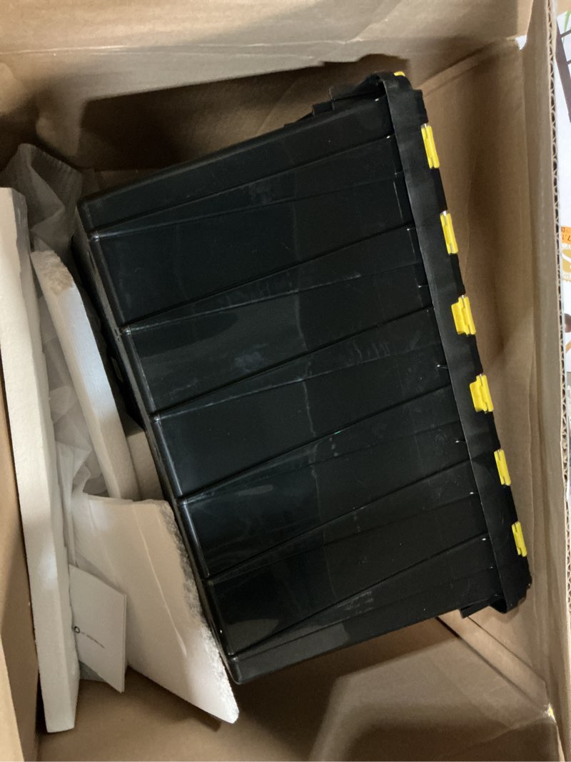 Condition photo showing As Is for akro-mils keepbox 12 gallon storage container, nesting and stackable plastic storage box with lid attached, organizer tote for garages, closets, and moving, 21-1/2" x 15" x 12-1/2", black/yellow black/yellow 12 gallons 1-pack