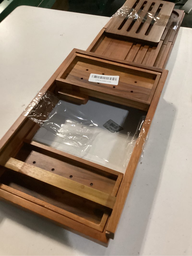 Condition photo showing As Is for Realgulf Teak Bathtub Tray, Bath Caddy with Wine Glass Holder, Phone Dock & Book Stand | Hands-Free Reading & Ultimate Spa Relaxation Experience-Natural Classic Teak Finish