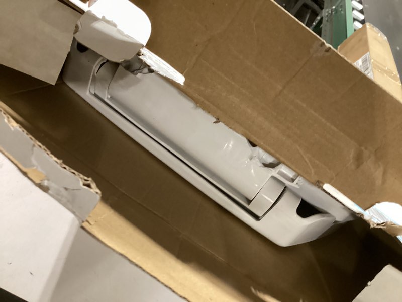 Condition photo showing As Is for round toilet seat, standard 16.5” slow/soft close round toilet seat for round toilets, no-slam quiet-close lid, easy-to-install, white, durable never-loosen design