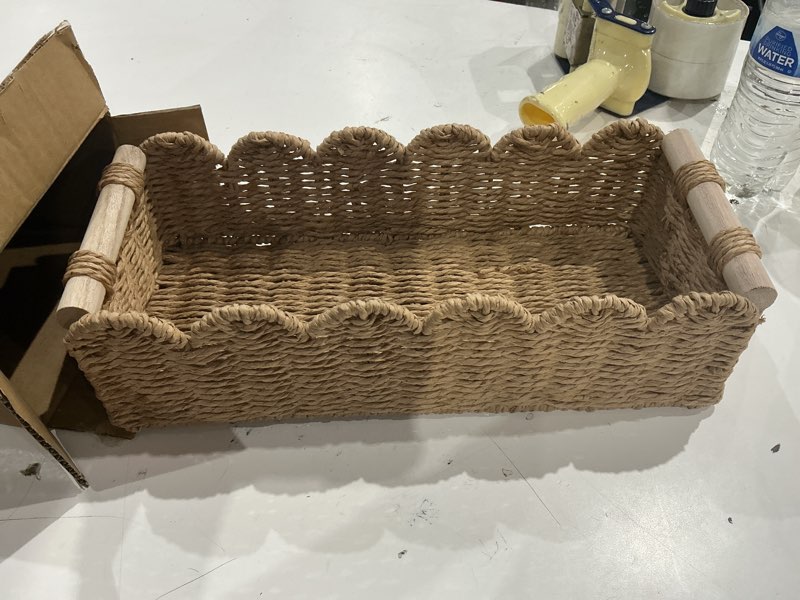 cubesland paper rope scalloped edge toilet paper storage basket, small living room, bedroom decor baskets for over toilet storage shelf, end table, shelves and more, with 2 wooden handle, neutral neutral m - 14 x 6.3 x 3.9in