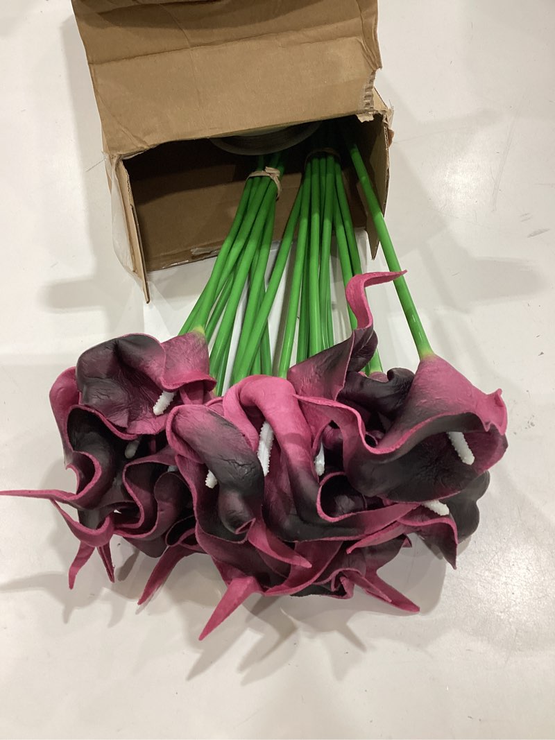 Condition photo showing Good Condition for suncalla 20 pcs calla lily artificial flowers burgundy diy wedding bouquet for bride wedding table centerpieces decorations with ribbon and pearl for floral arrangement diy craft bridal flower gift calla lily claret