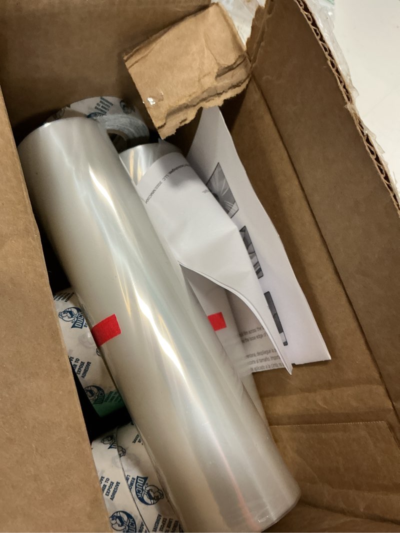 Condition photo showing As Is for Duck MAX Strength Window Insulation Kit, Winter Window Seal Kit Fits up to 10 Windows, Heavy Duty Shrink Film Cuts to Size for Easy Indoor Installation, Window Tape Included,62 In. x 420 In., Clear Standard Window - 10 Pack