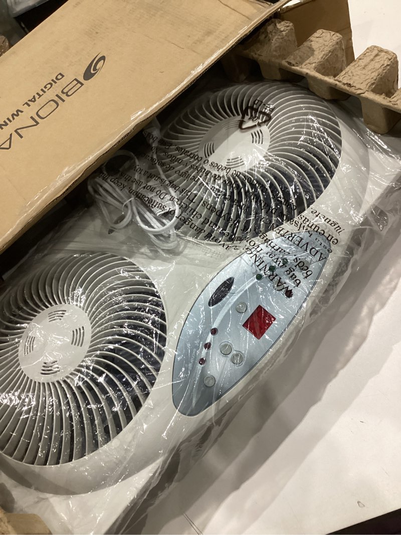 Condition photo showing Good Condition for bionaire window fan with reversible airflow blades – 3-speed settings, programmable thermostat, led display, remote control, fits 24–36" windows, no assembly required white 2 blades electronic control with lcd screen window fan