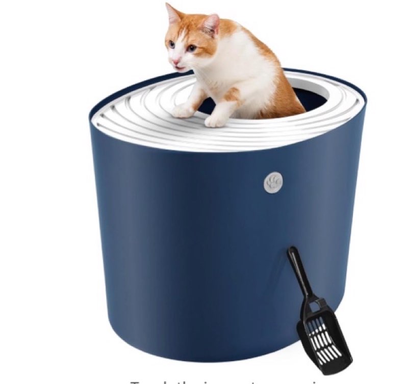  IRIS USA Cat Litter Box, Large Top Entry with Litter Catching Lid and Scoop, Dog Proof, Cat Box Enclosure, Navy/White