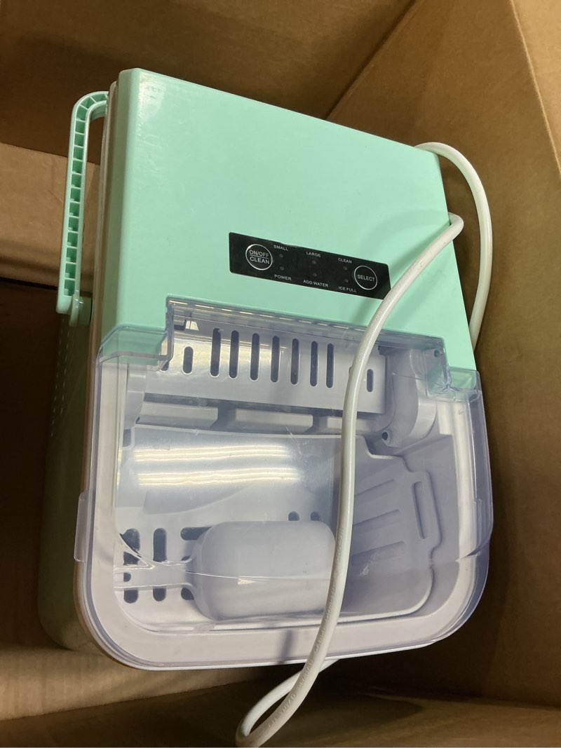 Condition photo showing As Is for Sweetcrispy Countertop Ice Maker with Scoop, Basket and Handle, Portable Ice Machine 9 Ice Cubes Ready in 6 Mins, 26.5lbs in 24Hrs, 2 Sizes for Home Kitchen Office Bar Party, Green