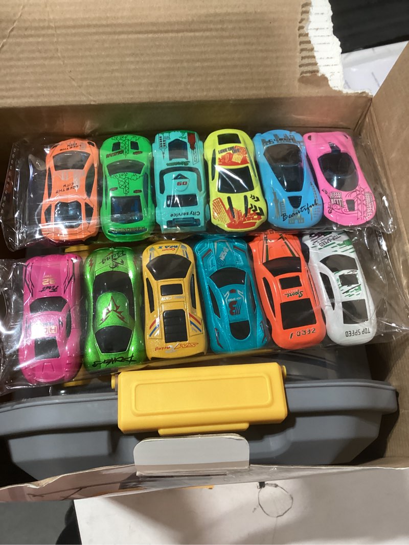 Condition photo showing As Is for Toy Car Track Storage Playset - Toddler Toys for Ages 2-4, Toy Car Set for Hot Wheels & Matchbox with 12 Diecast Cars, PlayMat, Race Tracks, Car Ramp, Kids Birthyday Gift for 1 2 3 4 5 Year Old Boys