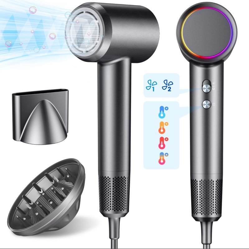 Hair Dryer with 130000 RPM High-Speed Brushless Motor, 500 Million Negative Ionic Thermo-Control, Blow Dryer, Hair Dryer with Diffuser, Nozzle, Fast Drying, Low Noise