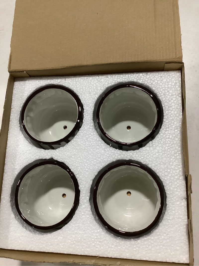 Condition photo showing New/Like New for Hedume Set of 4 Succulent Pots with Bamboo Tray, 4 Inch Cute Hot Chocolate Ceramic Succulent Planter with Little Drainage Hole, Small Ceramic Plant Flower Pots for Home and Office Decoration