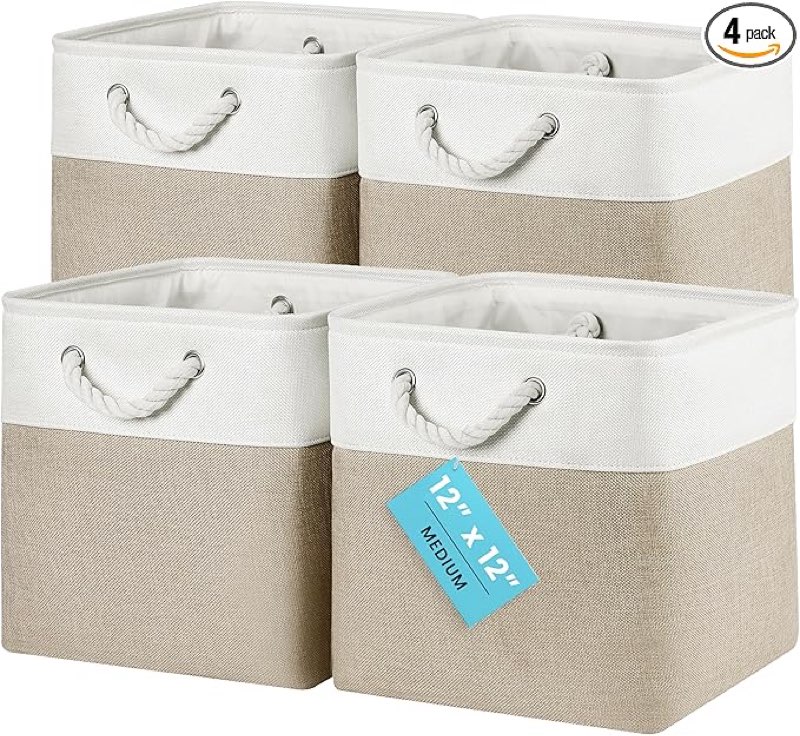 organihaus 12x12 cube storage bins 6 pack, foldable cube storage organizer w/ rope handles, collapsible fabric bins for toys, clothes & closet organization, fabric square baskets - beige/white 