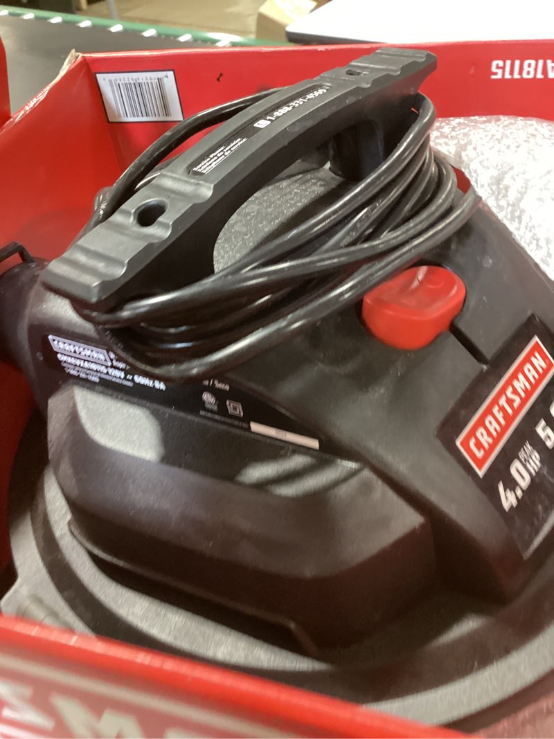 Condition photo showing As Is for craftsman 5-gallon 4-hp corded wet/dry shop vacuum with accessories included