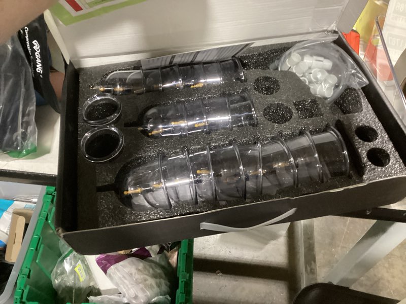 Condition photo showing As Is for 24 cupping set massage therapy cups, cupping kit for massage therapy, professional cupping therapy set with hand pumps, suction hijama cups with portable case, for cellulite reduction, pain relief