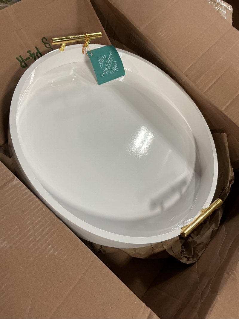 Condition photo showing As Is for kate and laurel lipton modern round tray, 18" diameter, white and gold, decorative accent tray for storage and display