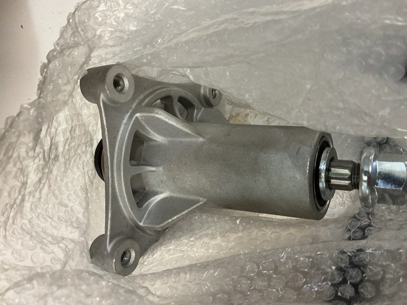 Condition photo showing As Is for 4 bolt mower deck mandrel spindle assembly replaces 532187292 for husqvarna 42\" models yt1942 yt42ls yta18542 yta19k42 yth1542xp yth1542xpt yth18542 yth20b42 yth20f42 yth2042 yth22v42 yth2242