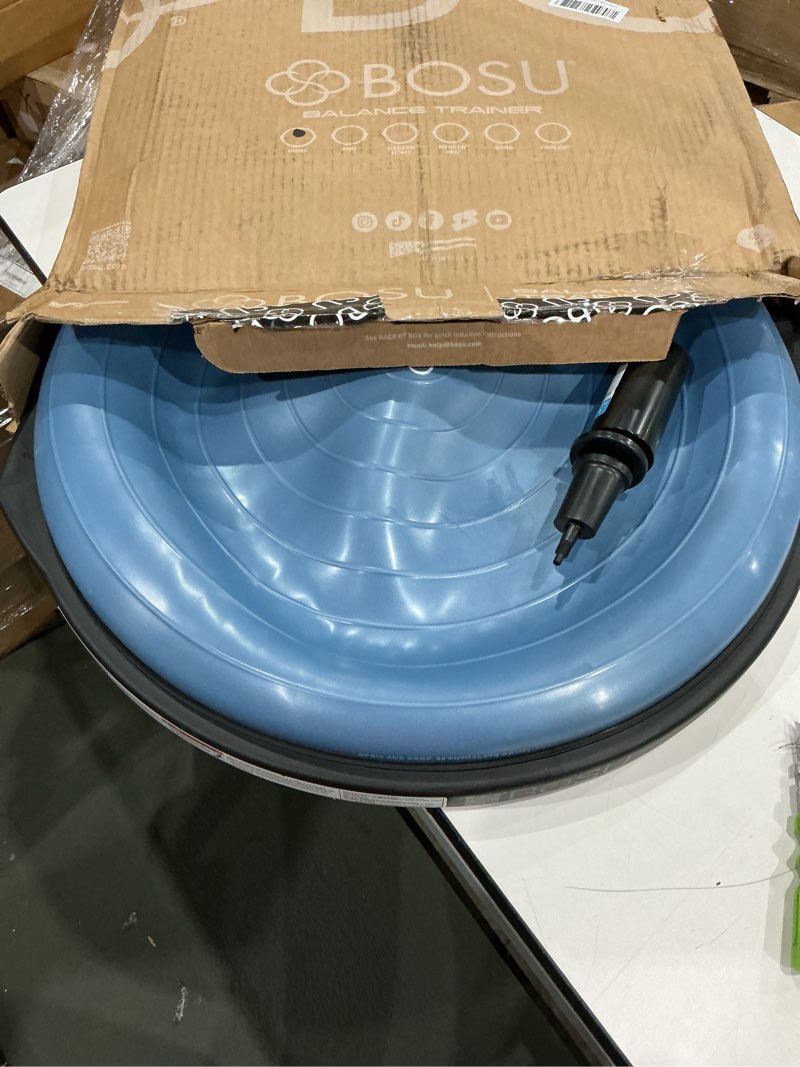 Condition photo showing Good Condition for bosu balance ball exercise trainer, home gym equipment w/ guided workouts & pump, 26", blue - inflatable fitness platform for strength training, standing, balancing, and core workout light blue/black