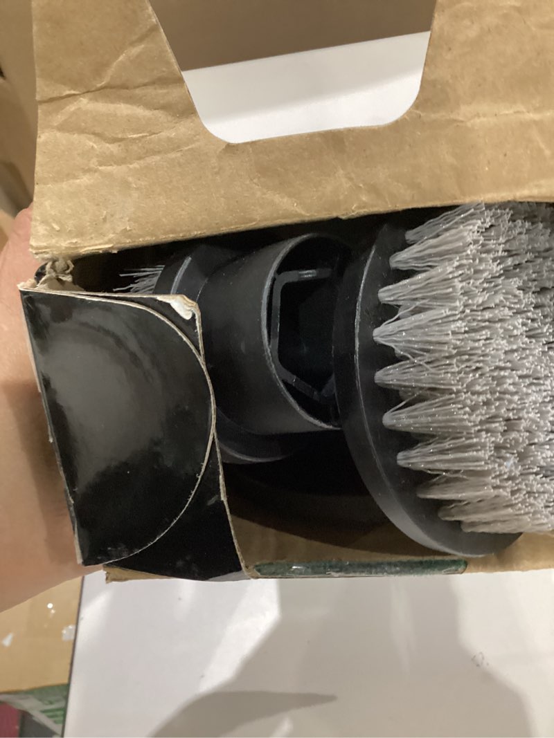 Condition photo showing As Is for leebein electric spin scrubber, 2025 new cordless cleaning brush bathroom scrubber, ipx7 waterproof shower scrubber with 7 brush heads, extendable long handle and 2 speeds scrubber for bathtub floor black