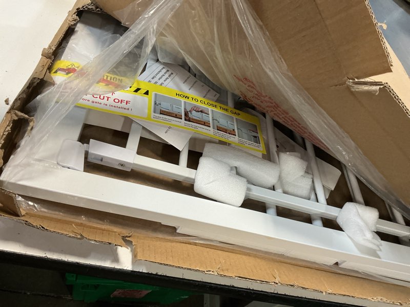 Condition photo showing Good Condition for cumbor 29.7–51.5" extra wide baby gate for stairs, pressure-mounted dog gates for doorways & hallways, auto-close walk-through, no-trip design, child proof safety, dog/pet gate for indoor use, white