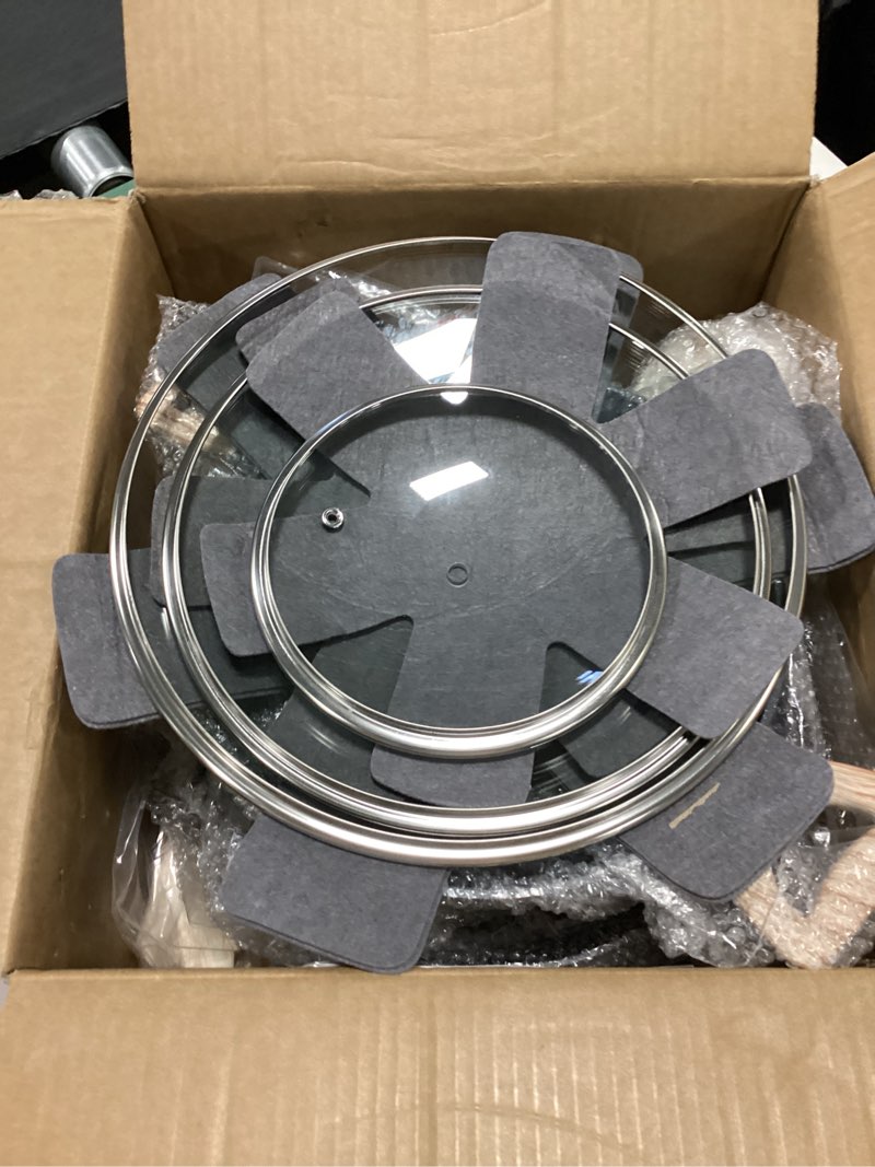 Condition photo showing Good Condition for 12 Pcs Pots and Pans Set, Nonstick Cookware Sets Black Granite Induction Cookware, Non-toxic Healthy Non Stick Kitchen Cooking Set with Frying Pans Set, Saucepans,Steamer (PFAS, PFOA, PFOS Free) Black 12 Pieces