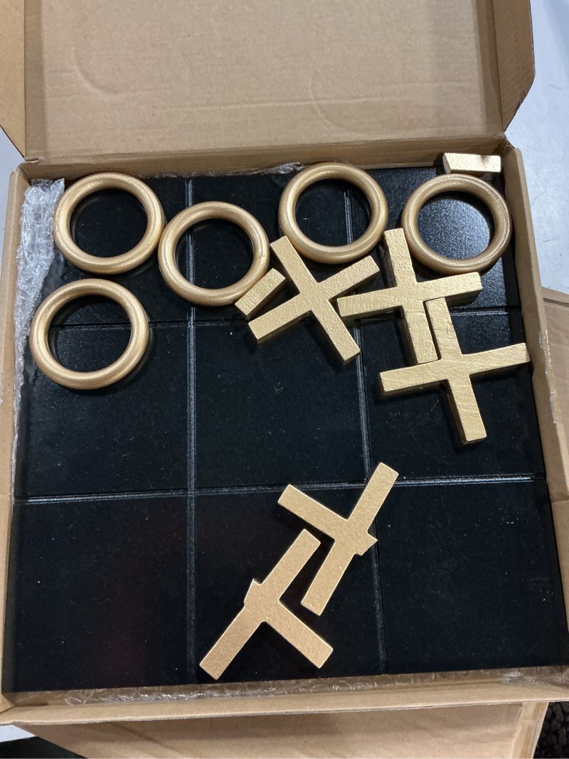 Condition photo showing Good Condition for 11.8x11.8 inch tic tac toe wood game board coffee table decor modern wooden for board table top living room decor fun family party adults travel, ages15+ (black gold)