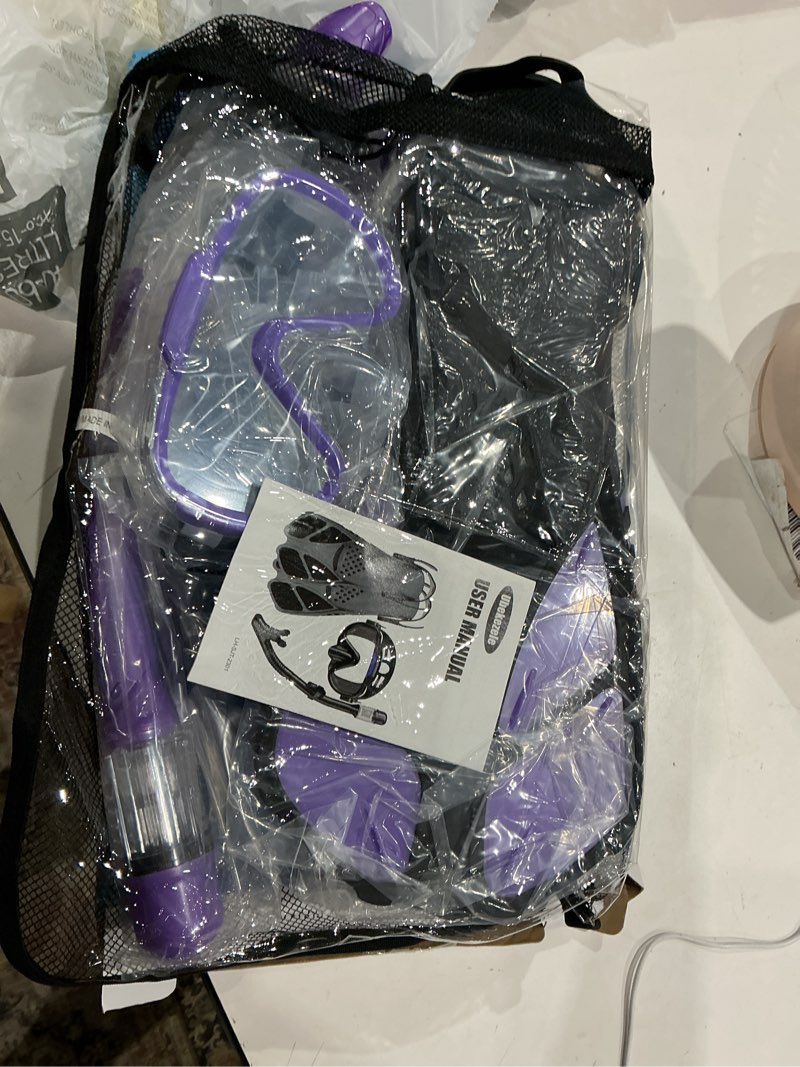 Condition photo showing Good Condition for ubekezele snorkeling gear for adults men women,4 in 1 snorkel set with panoramic view diving mask anti-fog anti-leak,dry top snorkel,fins and travel bag for swimming,snorkeling and travel diving purple ml/xl