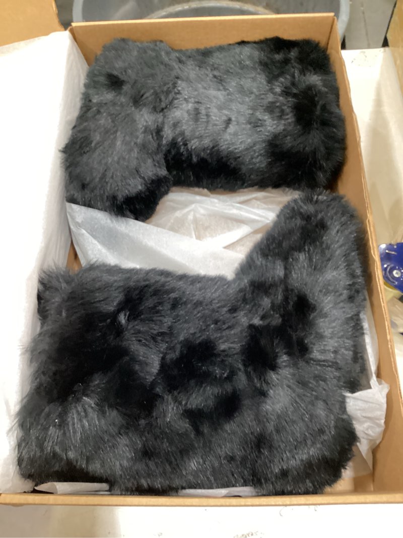 Condition photo showing New/Like New for faux fur boots for women furry fuzzy fluffy boots round toe mid-calf winter snow boots comfortable outdoor flat shoes 10.5 black