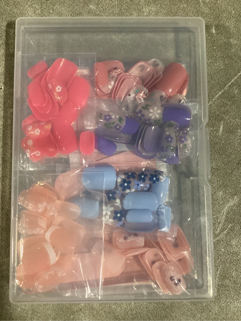 Condition photo showing New/Like New for 144 pcs flower press on nails short square fake nails spring false nails with designs colorful floral glossy glue on nail full cover acrylic stick on nail for women manicure 6 packs style-2 medium