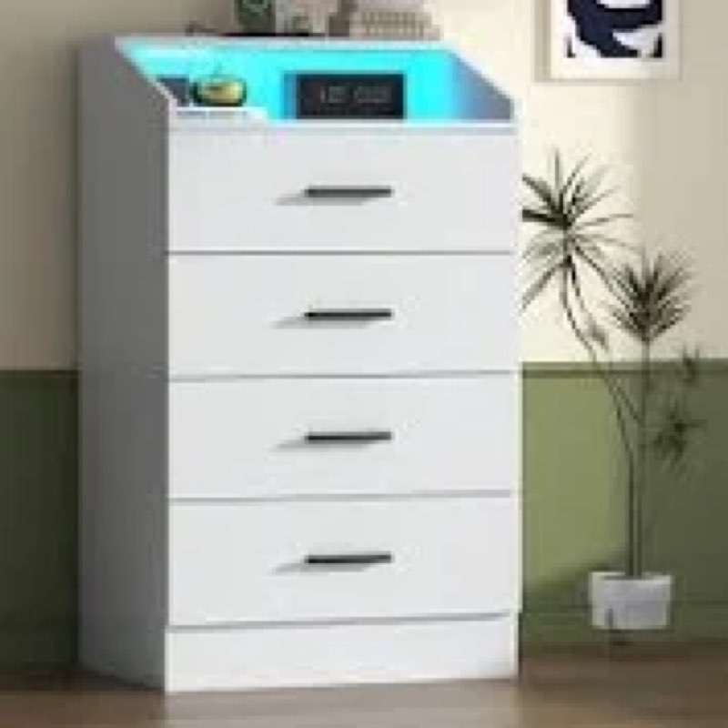 Tevrat 4 - Drawer Dresser With Power Outlet & LED,Wood Storage Chest With Push-To-Open Extension Drawer, 39.37” H Dresser For Bedroom&Office INCOMPLETE 
