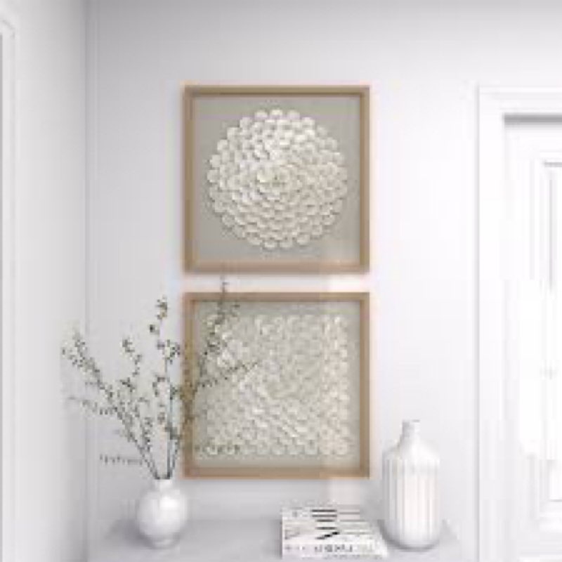 2 piece cream shell handmade overlapping shells geometric shadow box with canvas backing set 28x28