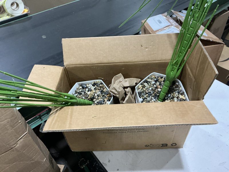 Condition photo showing New/Like New for sajandas set of 2 artificial areca palm plants in pots, 51 inch fake tropical palm trees with greenery leaves and stems, faux dypsis lutescens floor plants for office, store, garden, home decoration